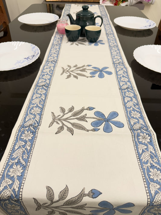 Blue Flower Pure Cotton Rajasthani Handblock Table Runner