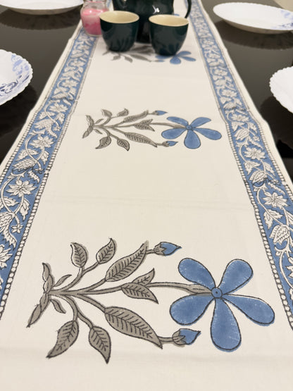 Blue Flower Pure Cotton Rajasthani Handblock Table Runner