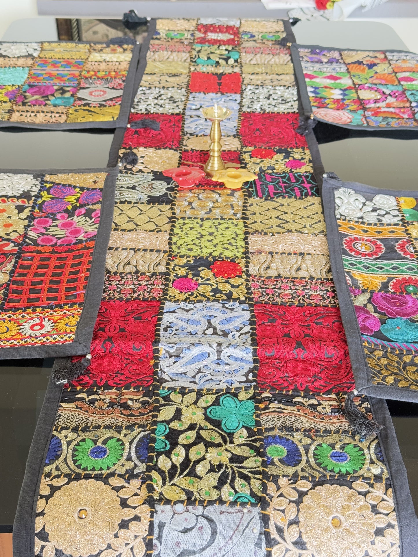 Black Kambadiya Patchwork Rajasthani Runner Set with 6 Placemats