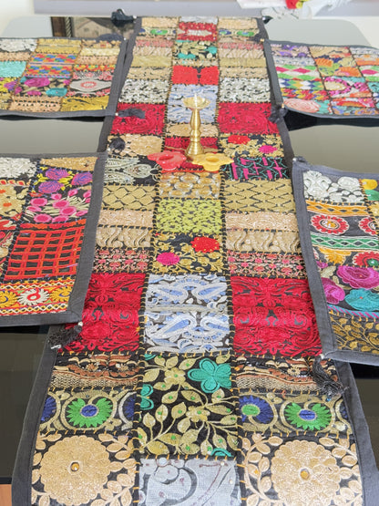 Black Kambadiya Patchwork Rajasthani Runner Set with 6 Placemats
