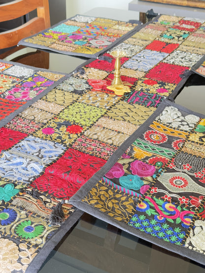 Black Kambadiya Patchwork Rajasthani Runner Set with 6 Placemats