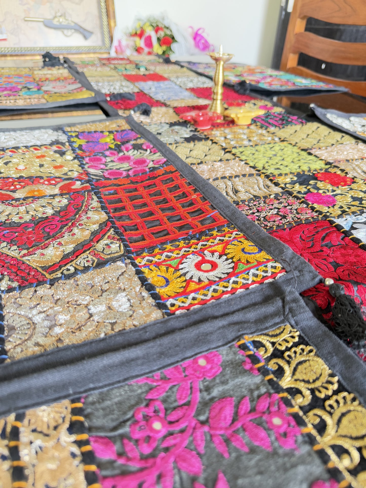 Black Kambadiya Patchwork Rajasthani Runner Set with 6 Placemats