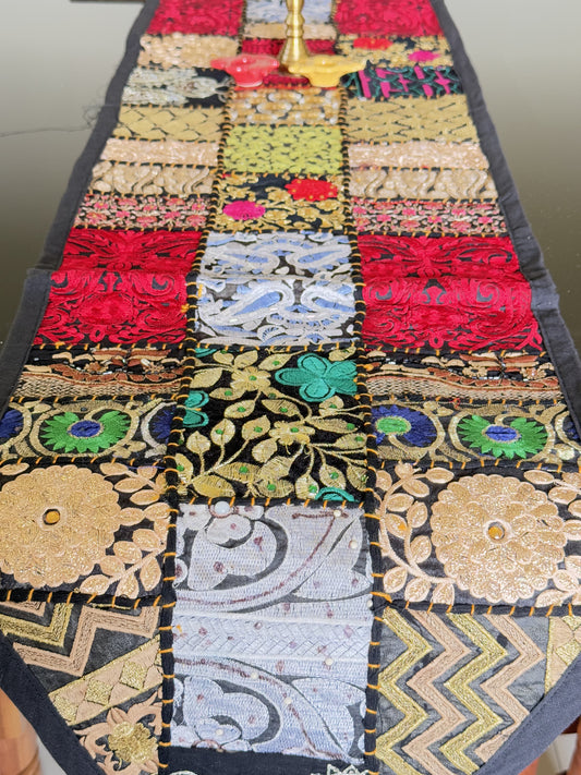 Black Multicolor Kambadiya Patchwork Cotton Runner