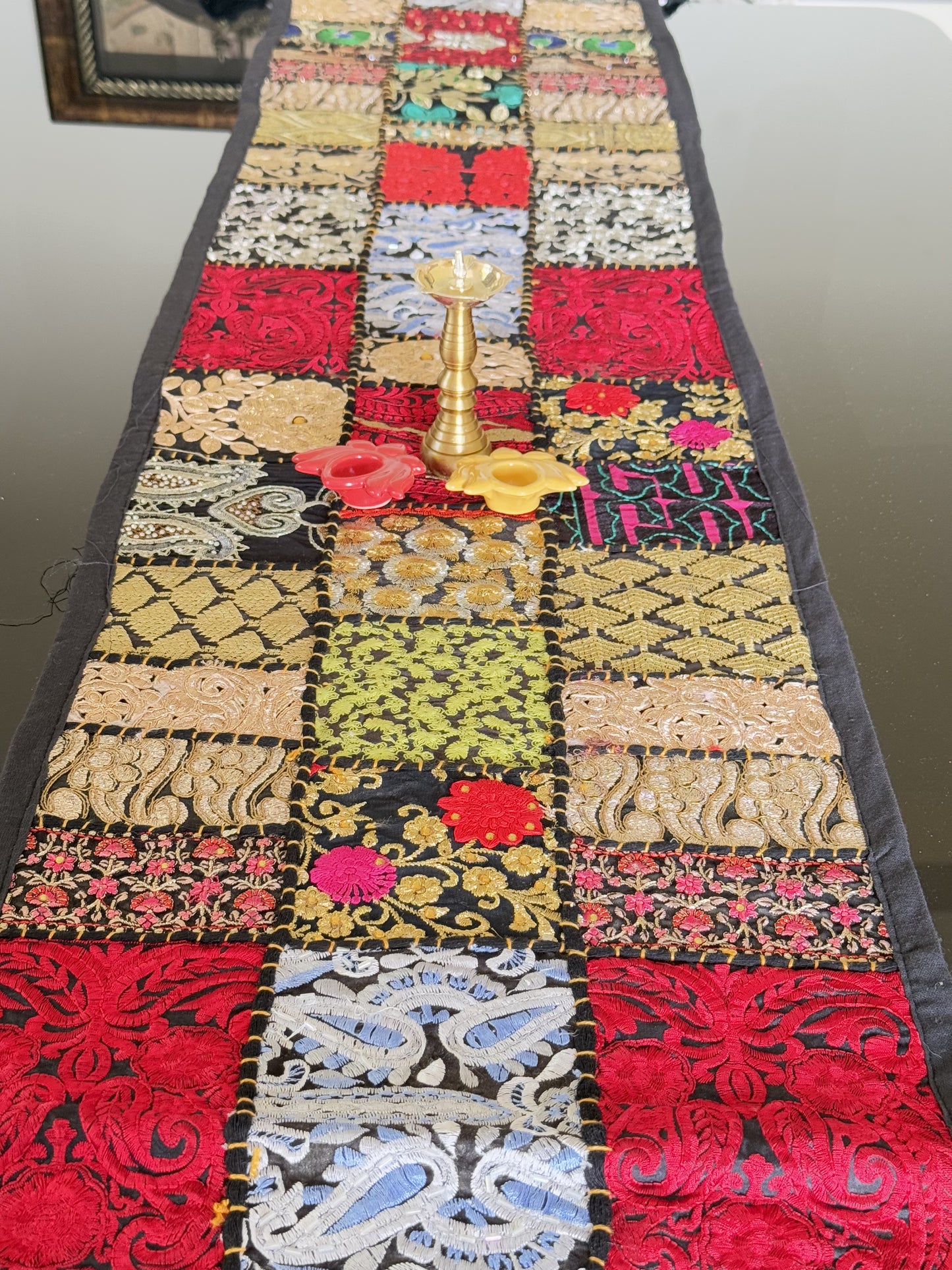 Black Multicolor Kambadiya Patchwork Cotton Runner