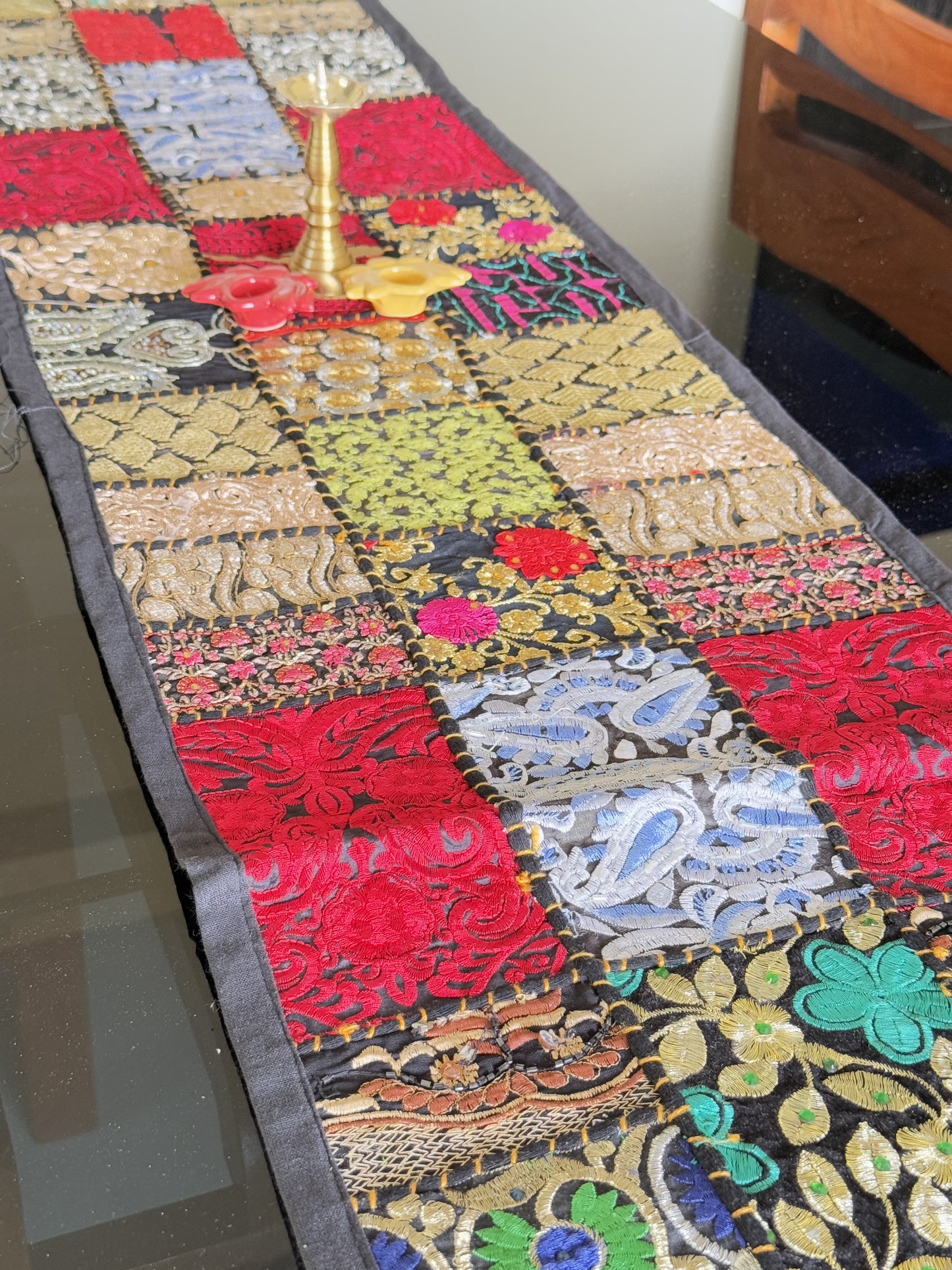 Black Multicolor Kambadiya Patchwork Cotton Runner