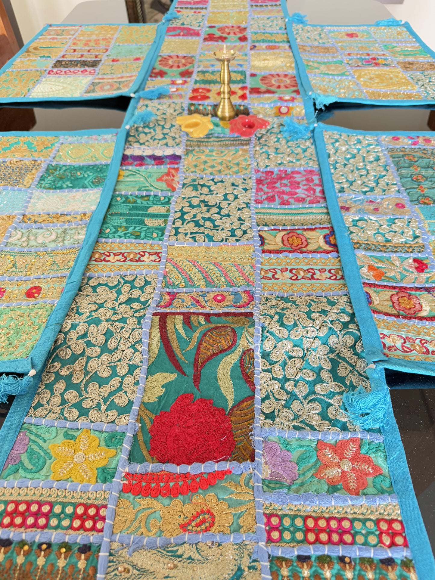 Light Blue Kambadiya Patchwork Rajasthani Table Runner Set with 6 Placemats