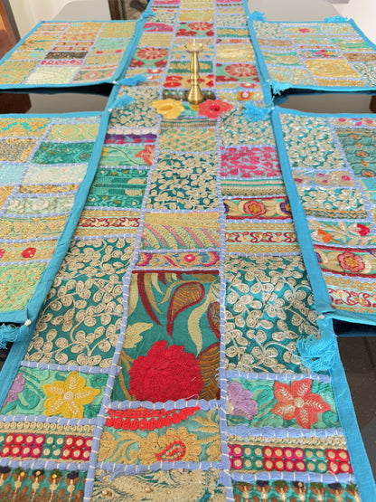 Light Blue Kambadiya Patchwork Rajasthani Table Runner Set with 6 Placemats