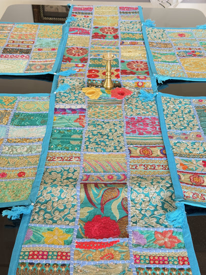 Light Blue Kambadiya Patchwork Rajasthani Table Runner Set with 6 Placemats
