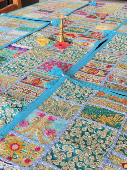 Light Blue Kambadiya Patchwork Rajasthani Table Runner Set with 6 Placemats