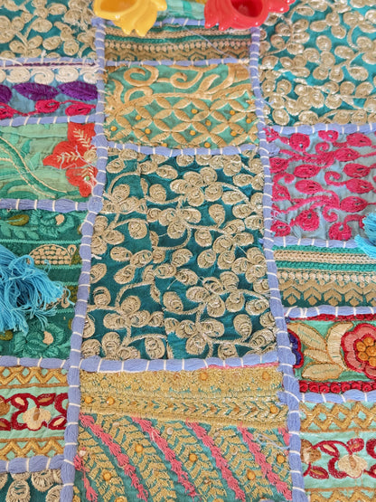 Light Blue Kambadiya Patchwork Rajasthani Table Runner Set with 6 Placemats