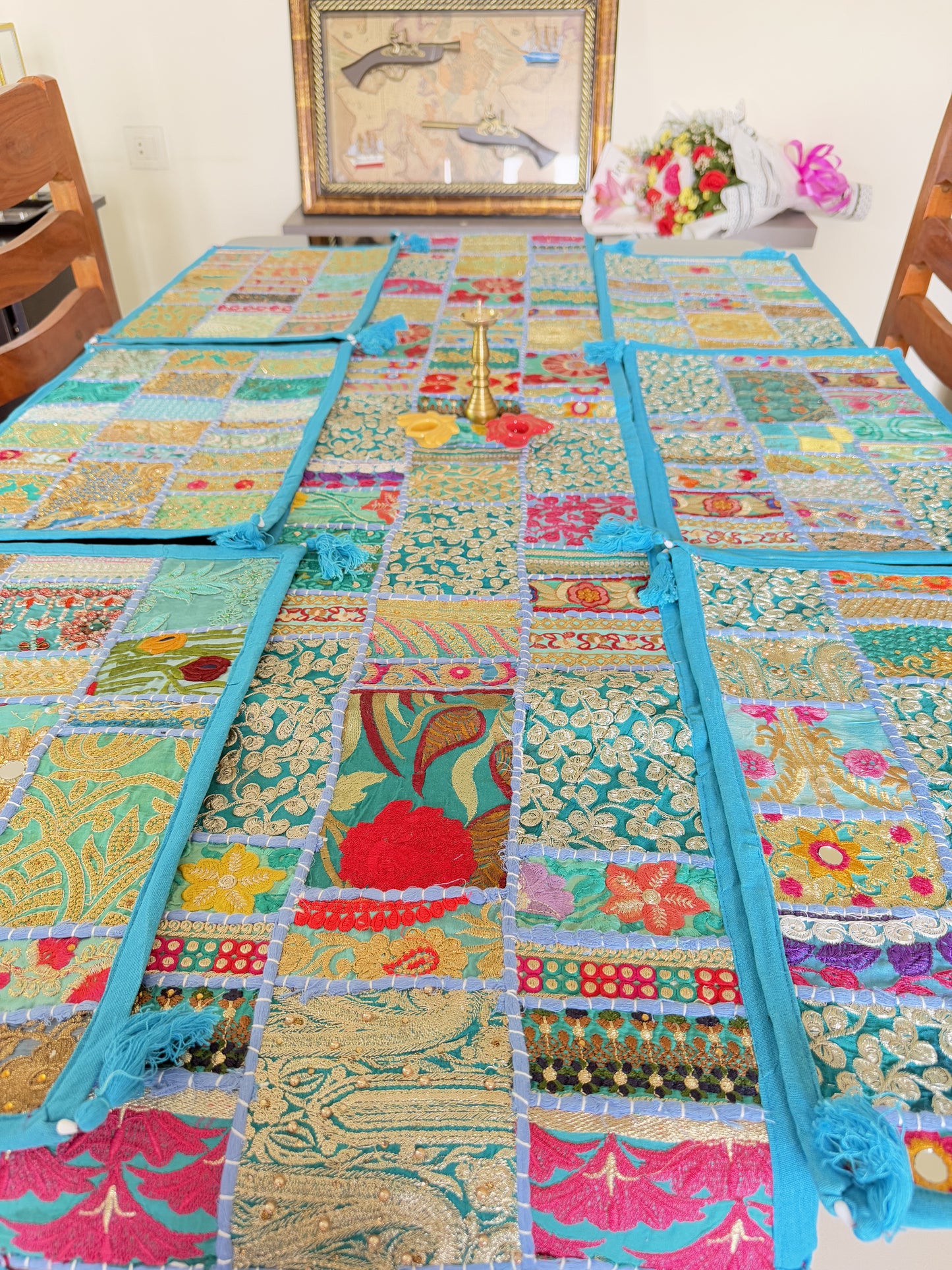 Light Blue Kambadiya Patchwork Rajasthani Table Runner Set with 6 Placemats