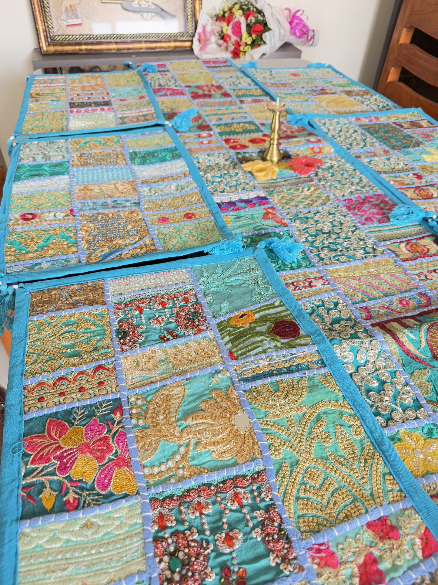 Light Blue Kambadiya Patchwork Rajasthani Table Runner Set with 6 Placemats