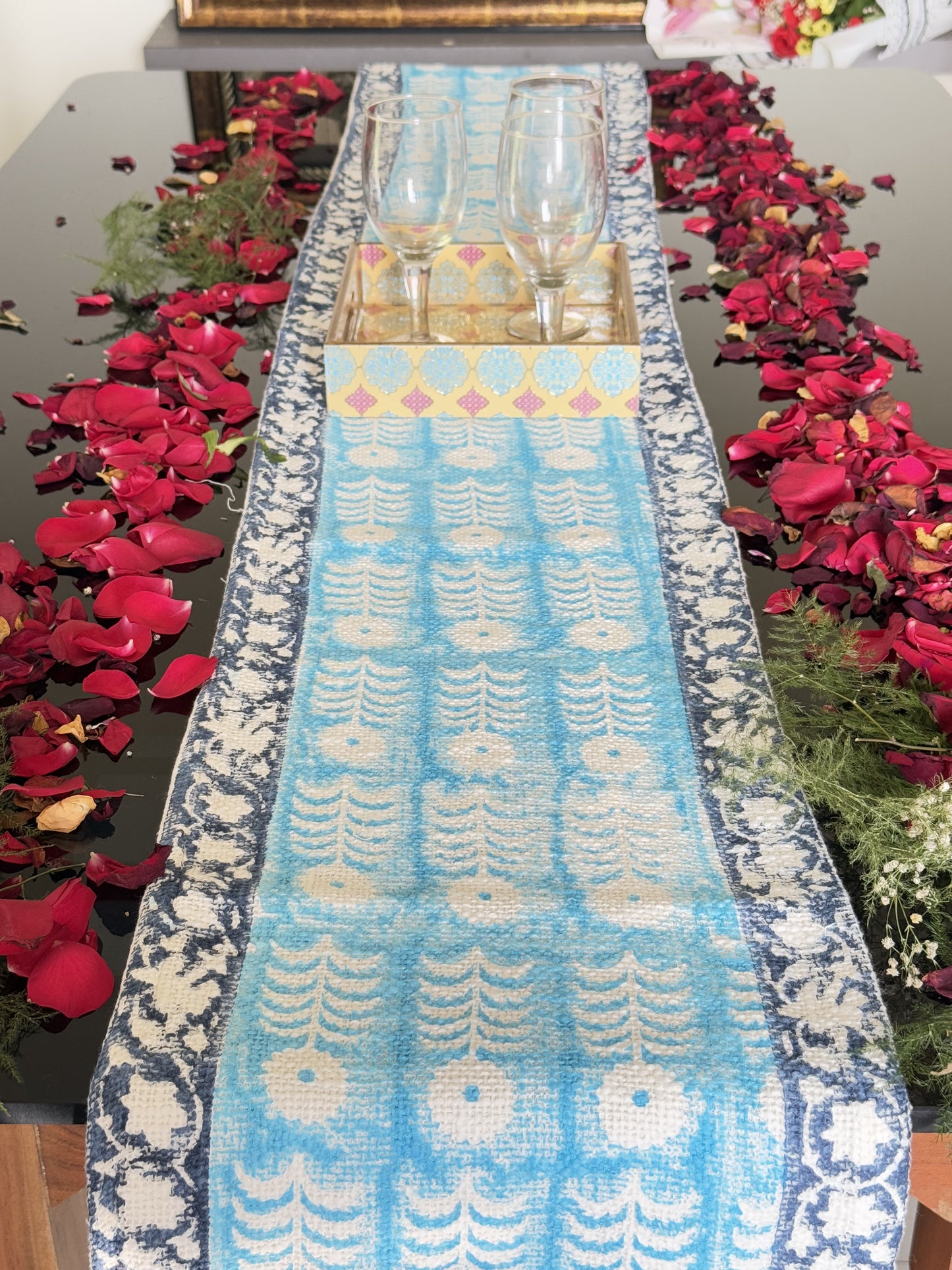 Indigo Blue Handblock Premium Jute Table Runner