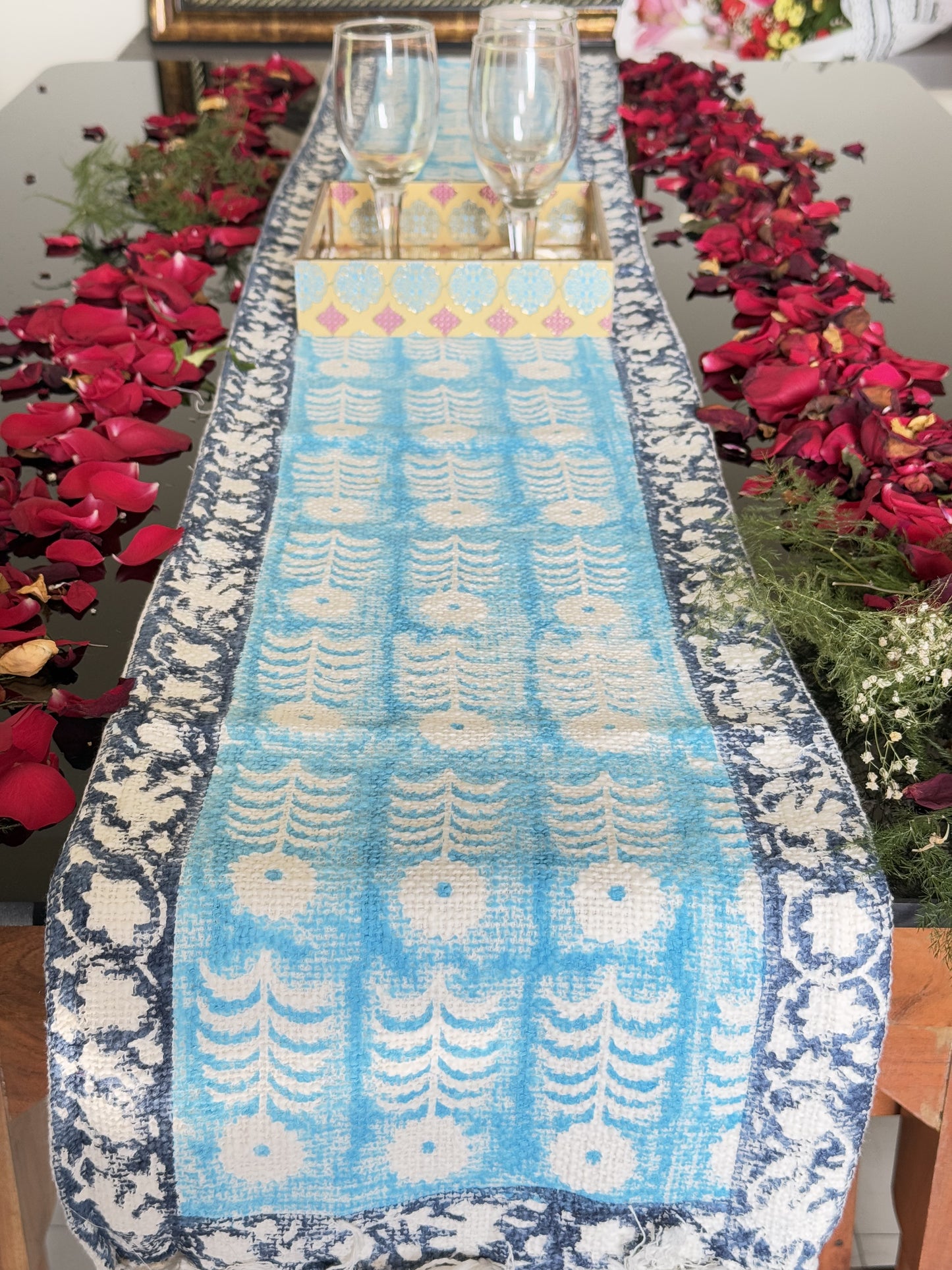 Indigo Blue Handblock Premium Jute Table Runner