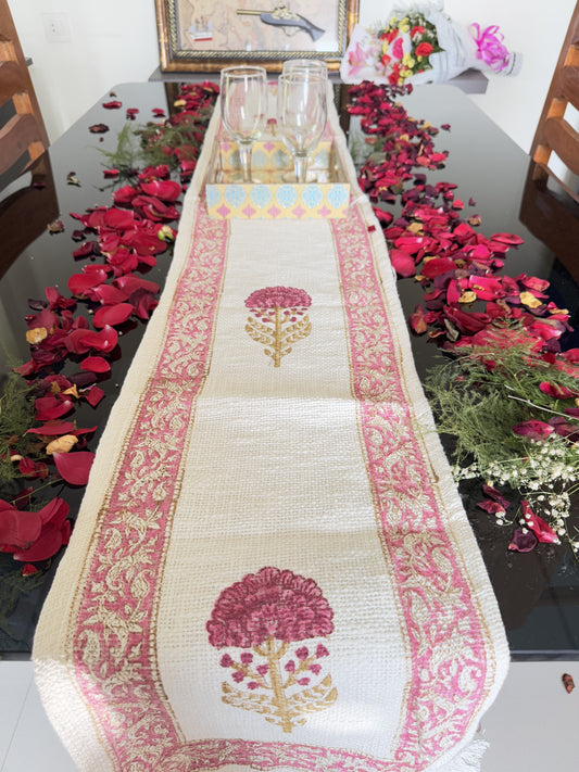Pink Single Flower with Boarder Handblock Premium Jute Table Runner