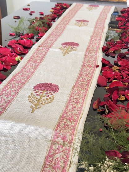 Pink Single Flower with Boarder Handblock Premium Jute Table Runner