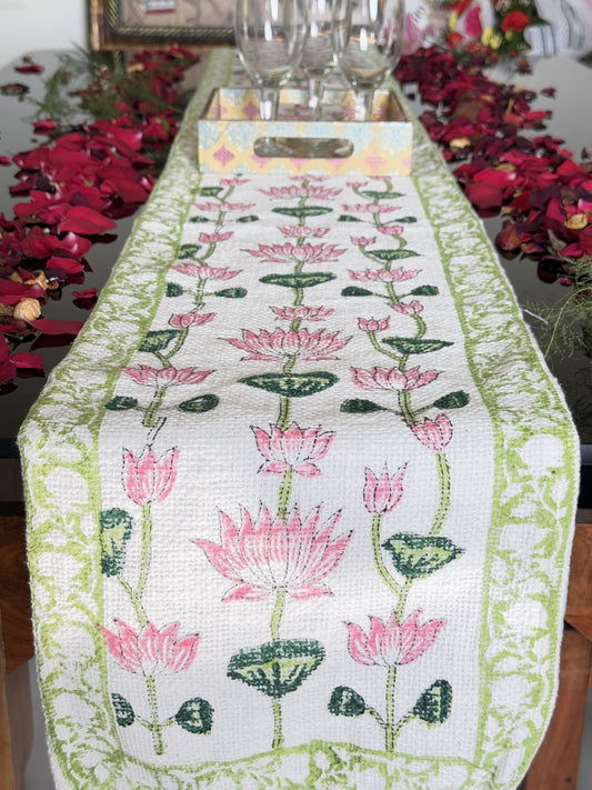 Pink Lotus Handblock Premium Jute Table Runner