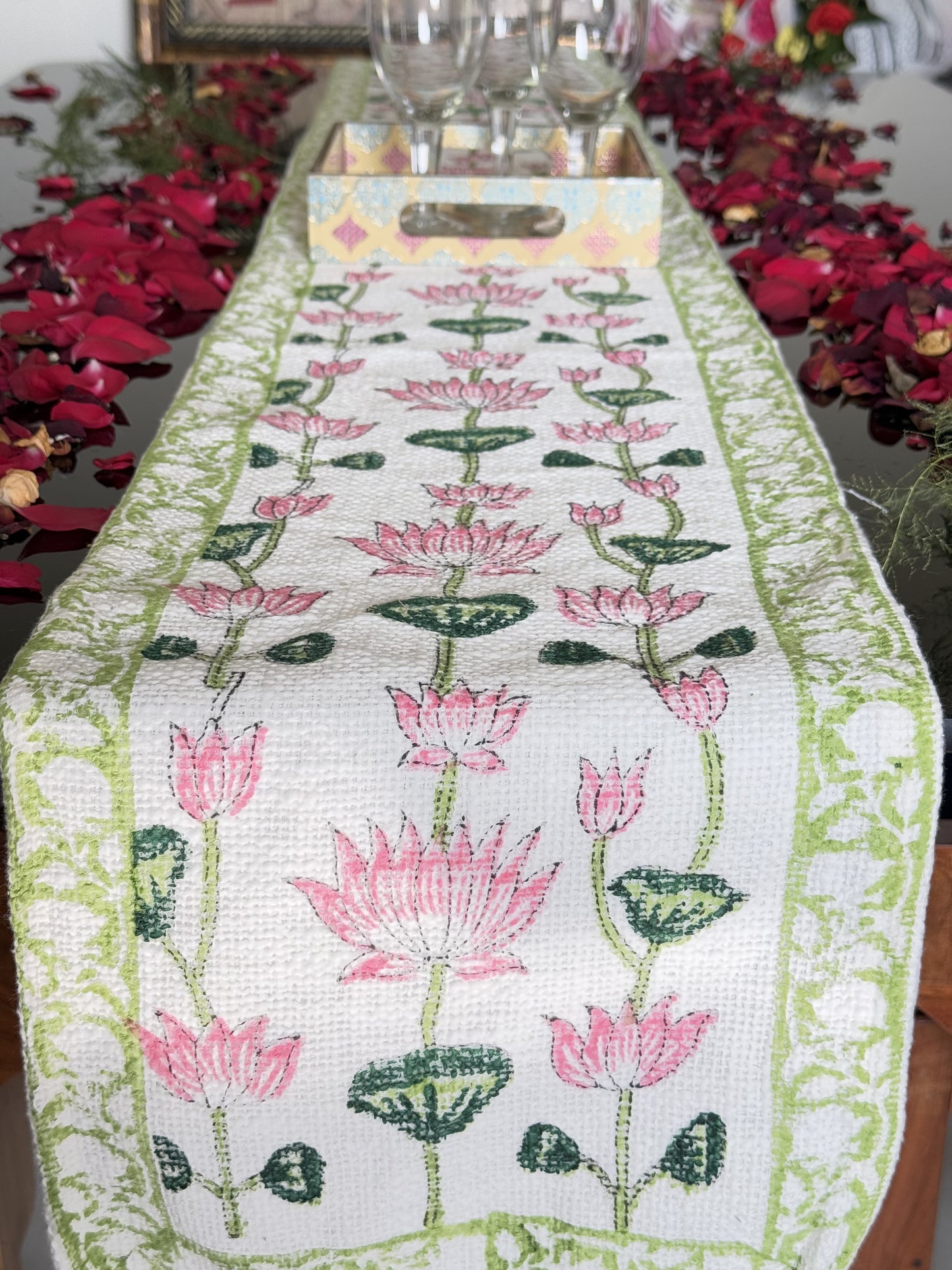 Pink Lotus Handblock Premium Jute Table Runner