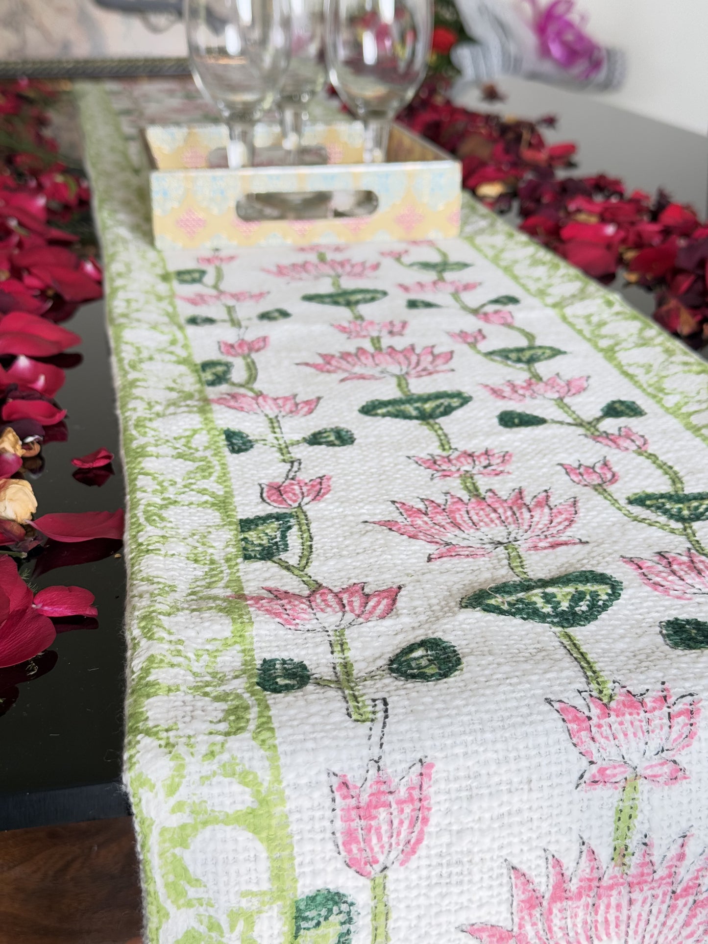 Pink Lotus Handblock Premium Jute Table Runner