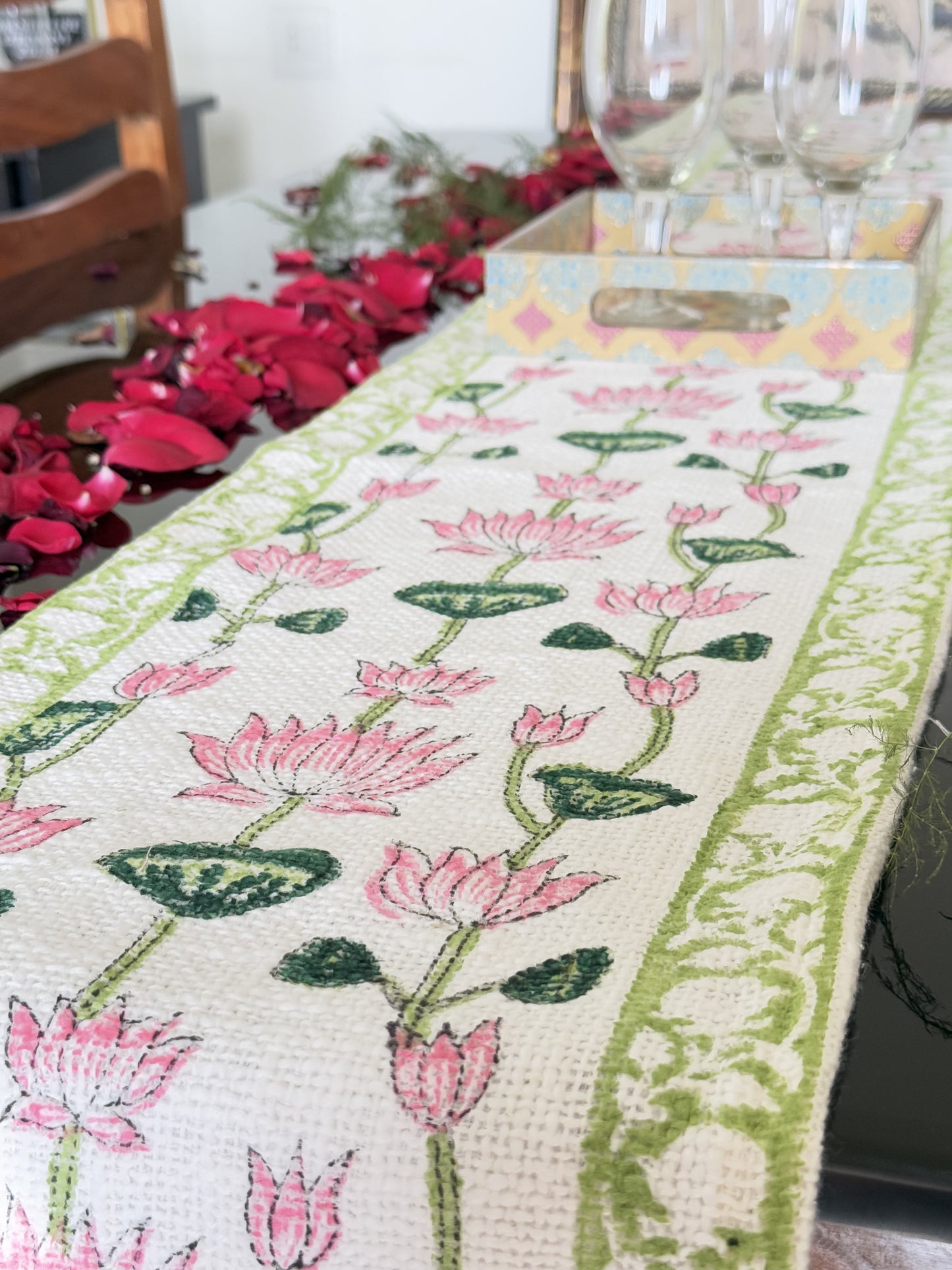 Pink Lotus Handblock Premium Jute Table Runner