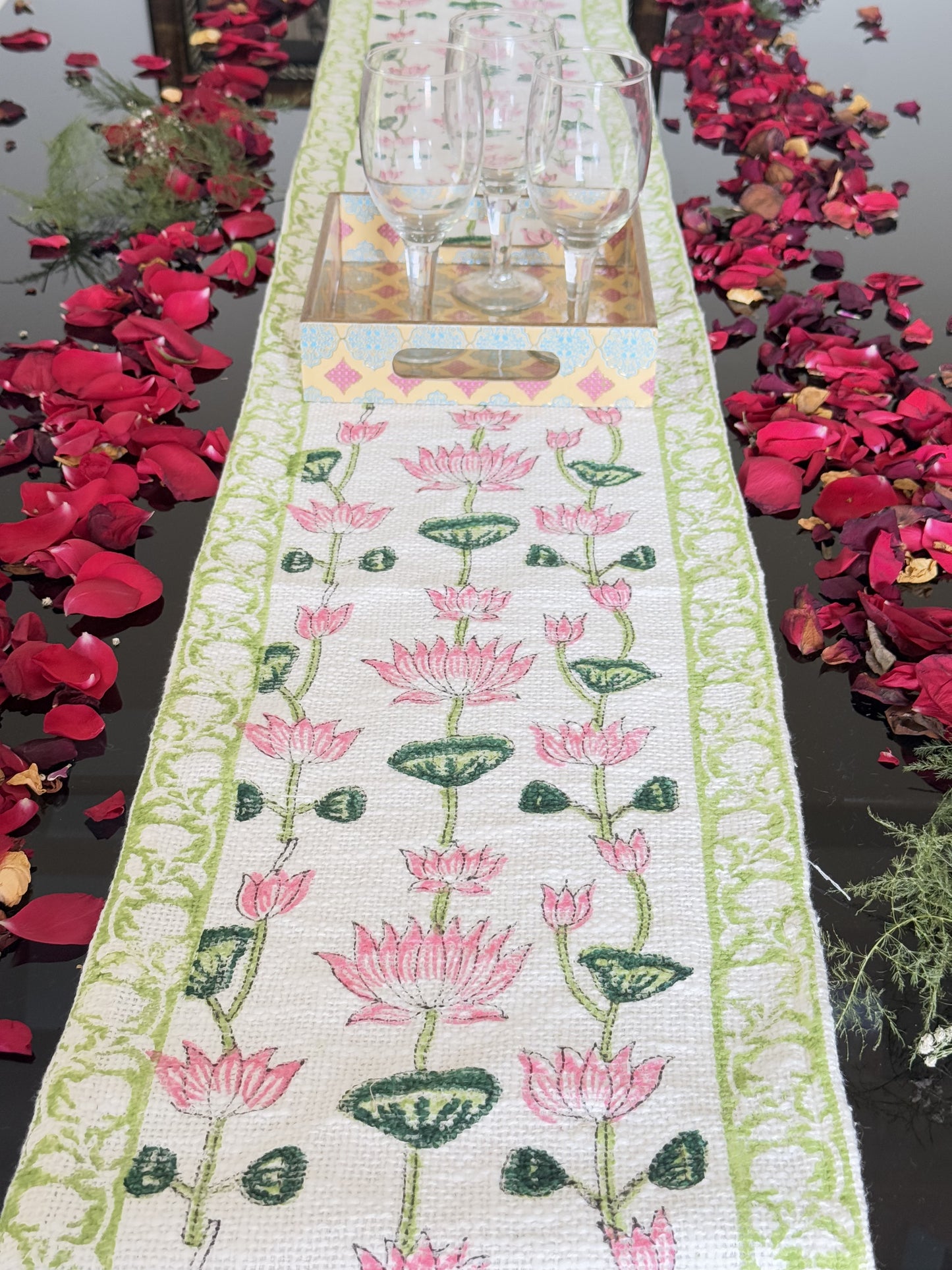 Pink Lotus Handblock Premium Jute Table Runner