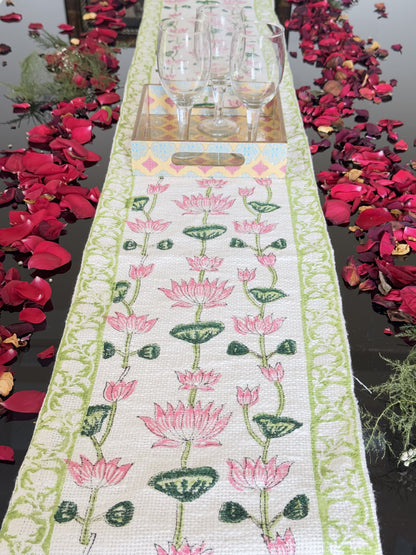 Pink Lotus Handblock Premium Jute Table Runner