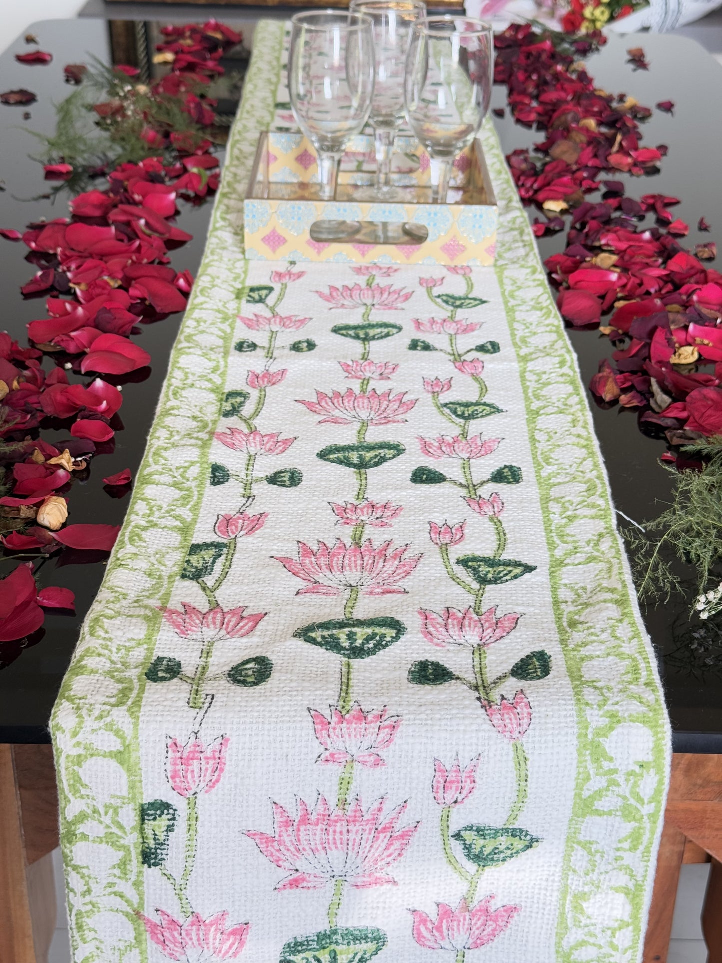 Pink Lotus Handblock Premium Jute Table Runner