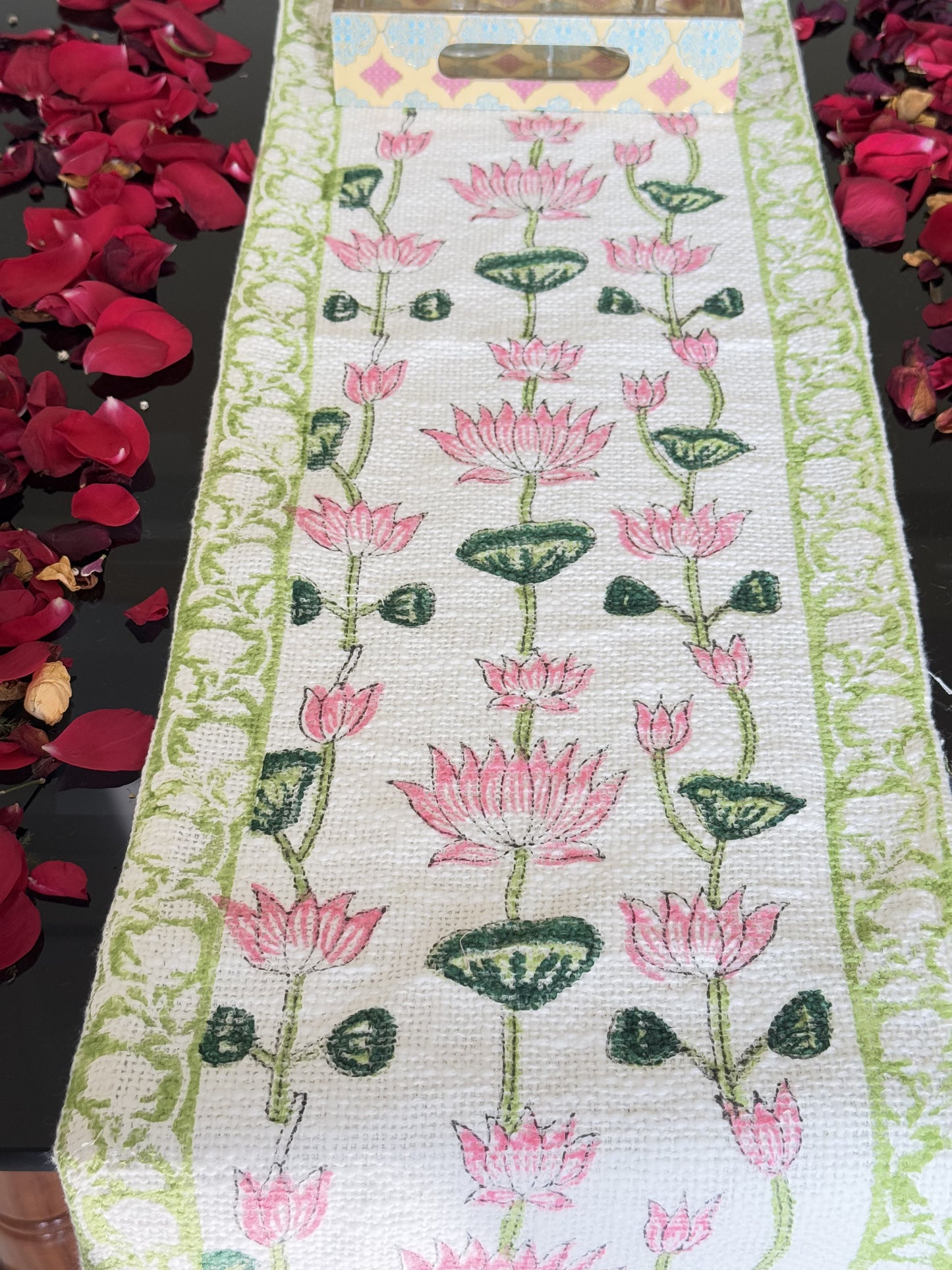 Pink Lotus Handblock Premium Jute Table Runner
