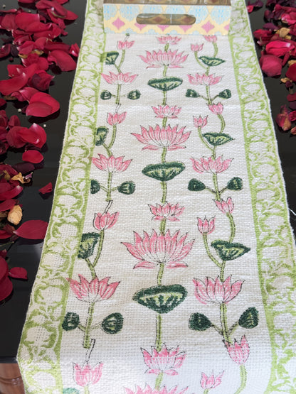 Pink Lotus Handblock Premium Jute Table Runner