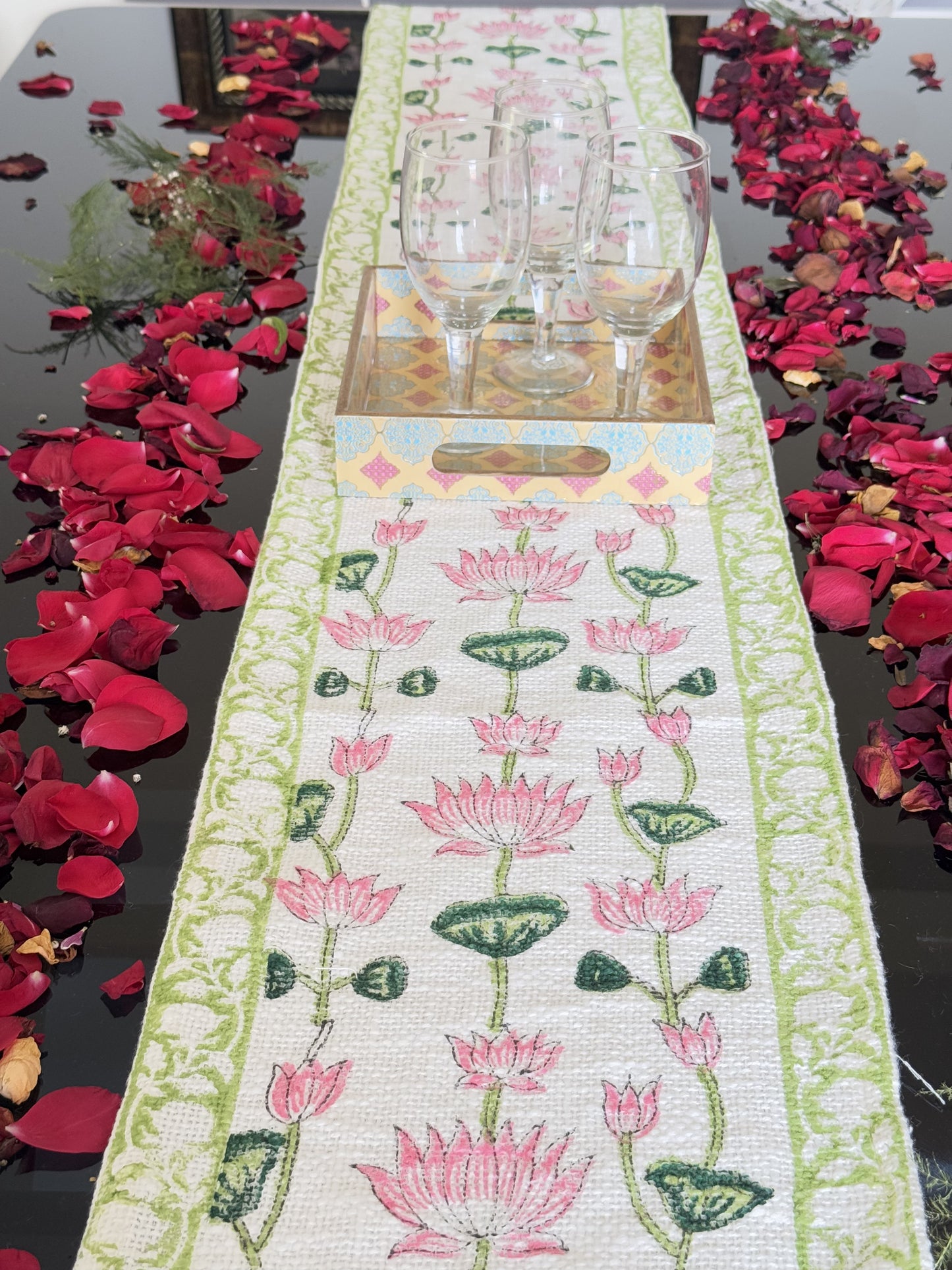 Pink Lotus Handblock Premium Jute Table Runner