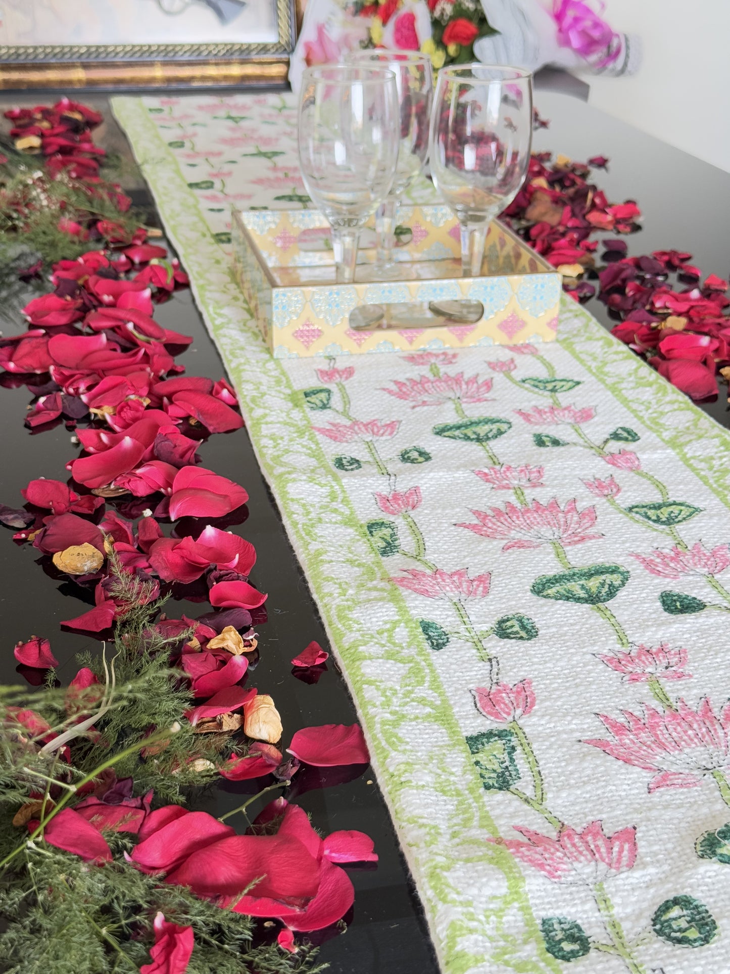 Pink Lotus Handblock Premium Jute Table Runner