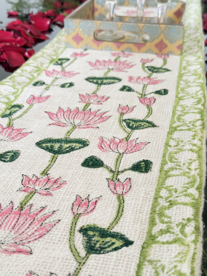 Pink Lotus Handblock Premium Jute Table Runner
