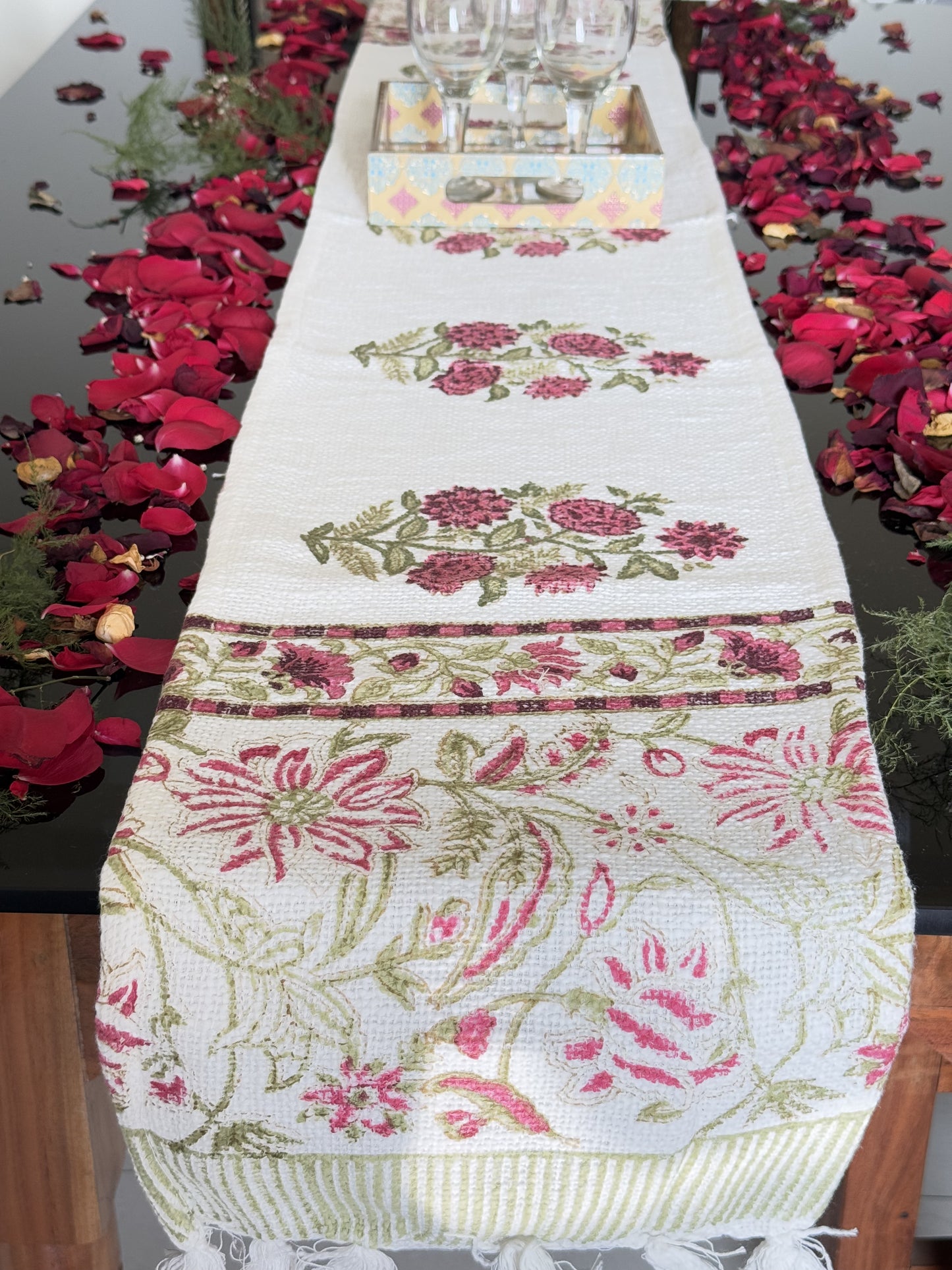 Red Floral Handblock Premium Jute Table Runner
