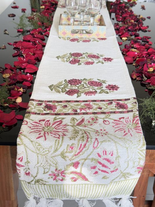 Red Floral Handblock Premium Jute Table Runner