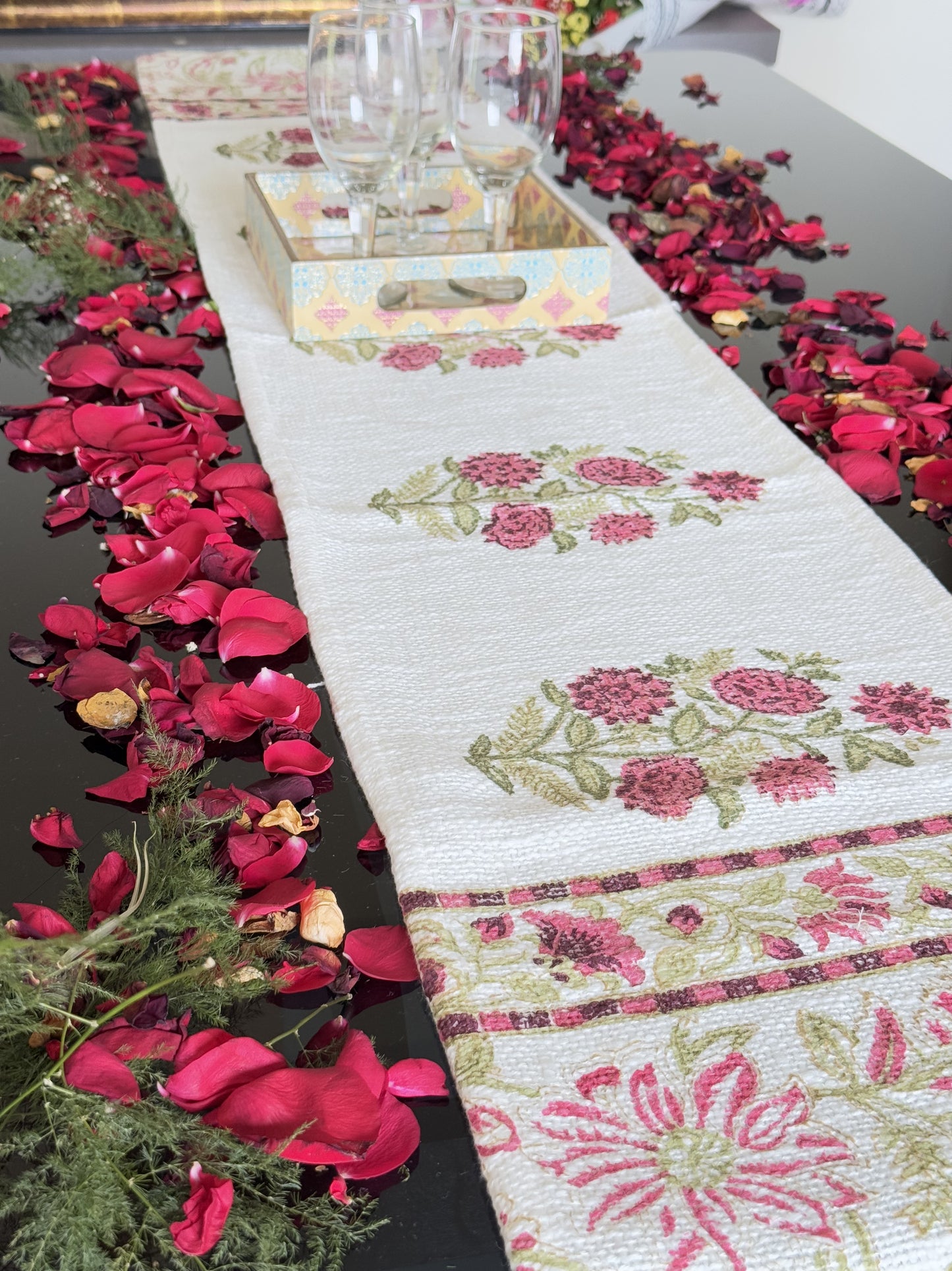Red Floral Handblock Premium Jute Table Runner
