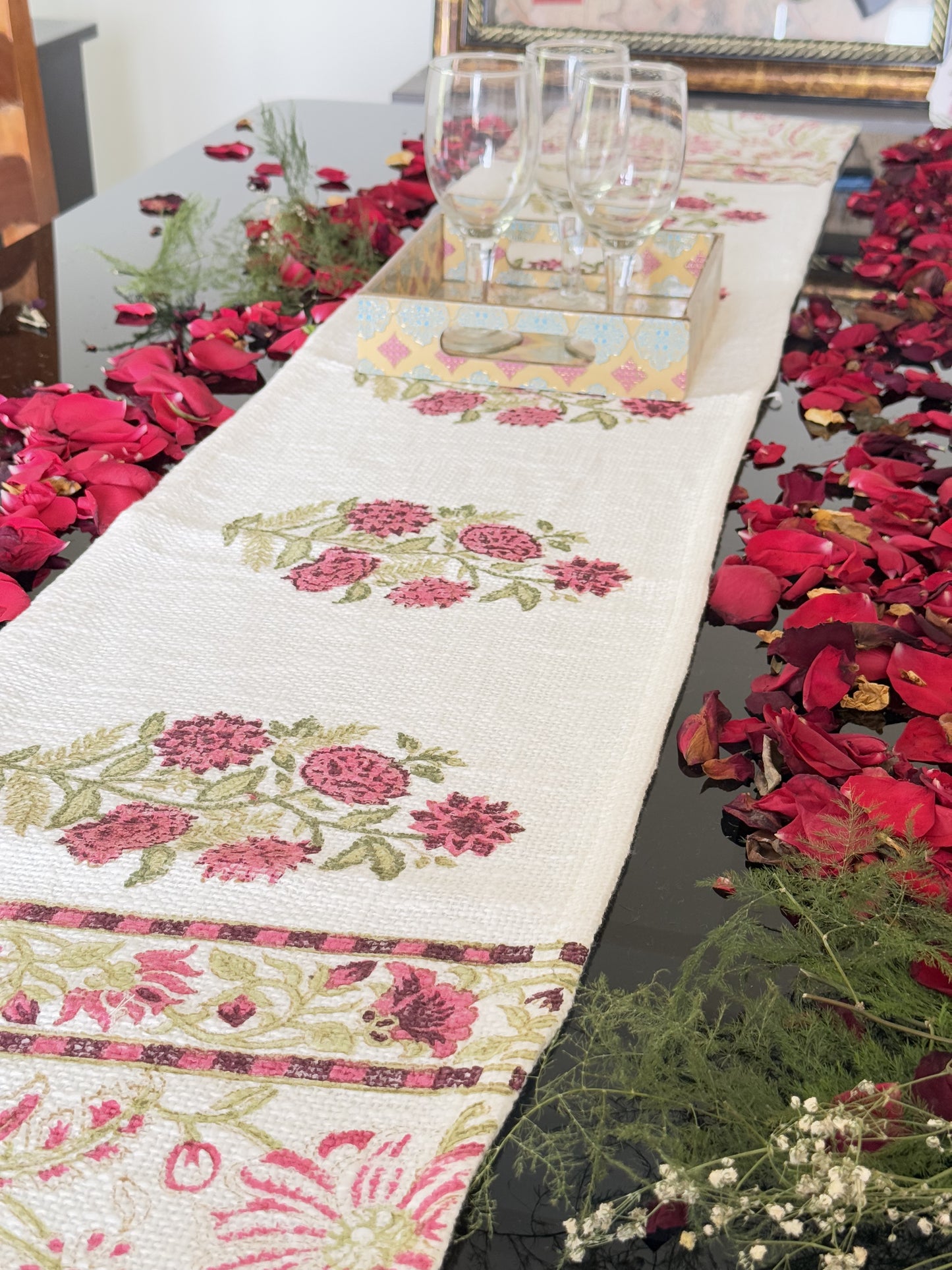 Red Floral Handblock Premium Jute Table Runner