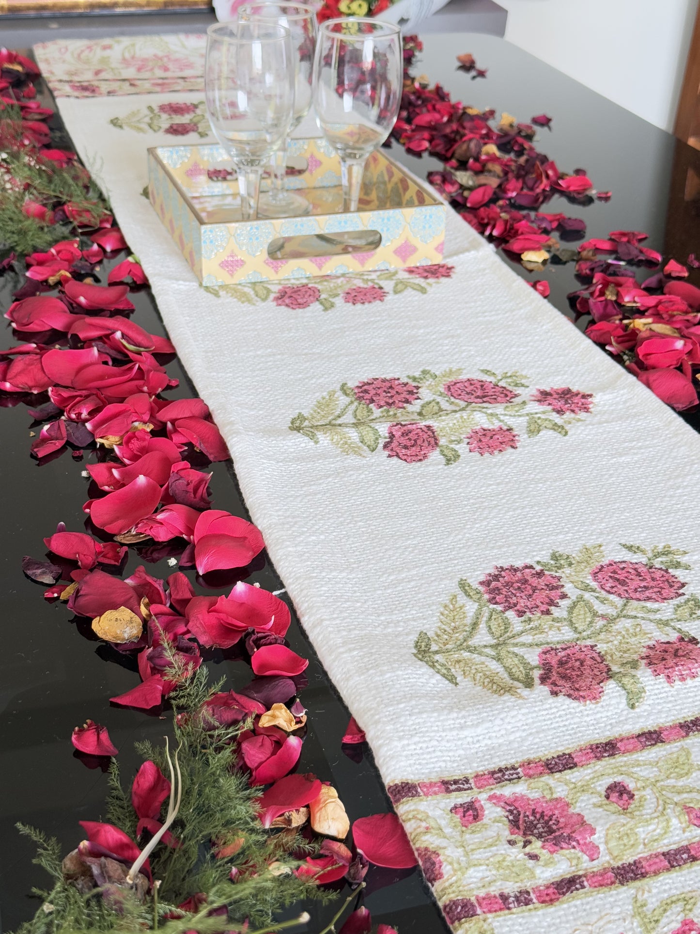 Red Floral Handblock Premium Jute Table Runner