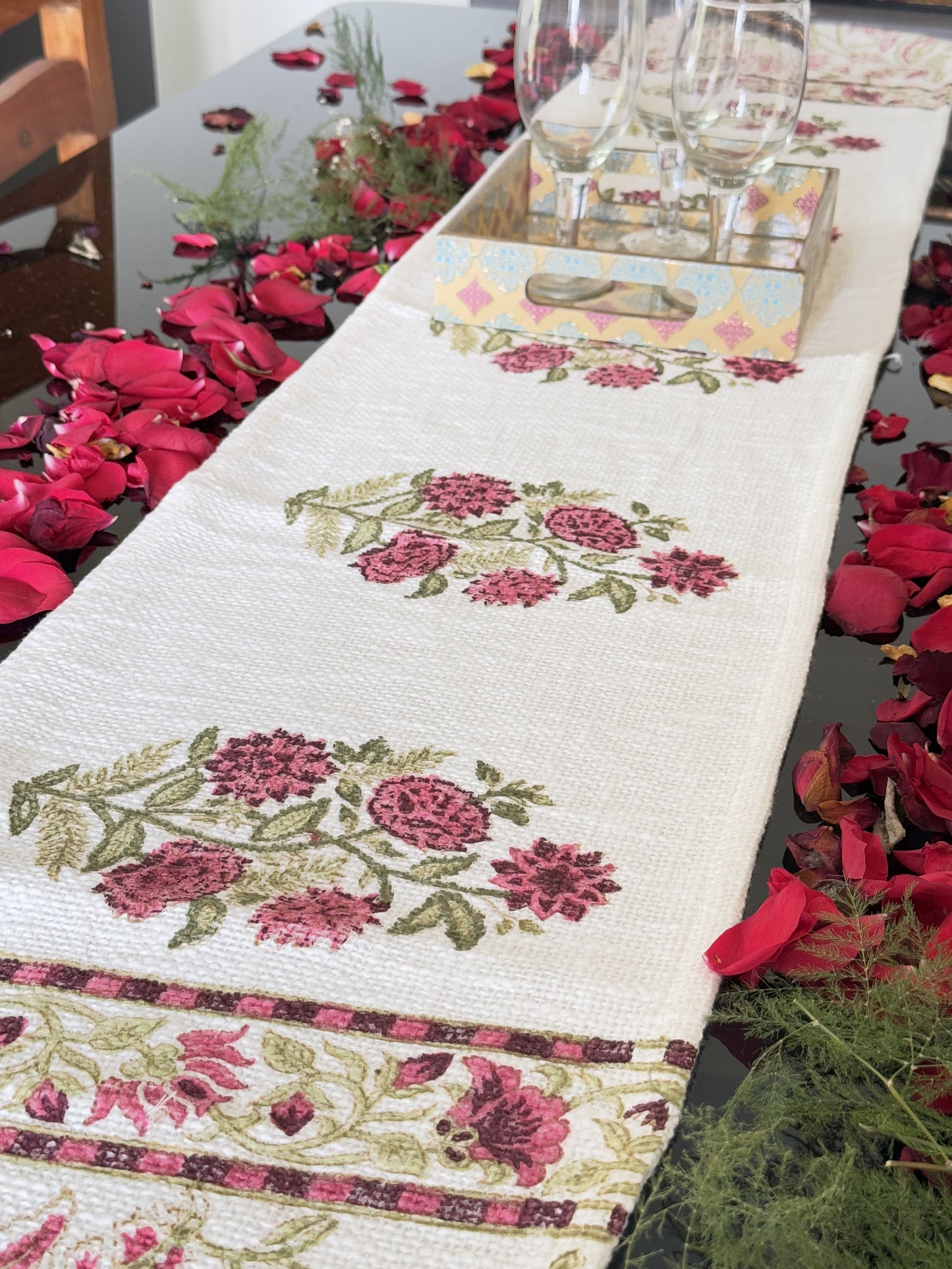 Red Floral Handblock Premium Jute Table Runner