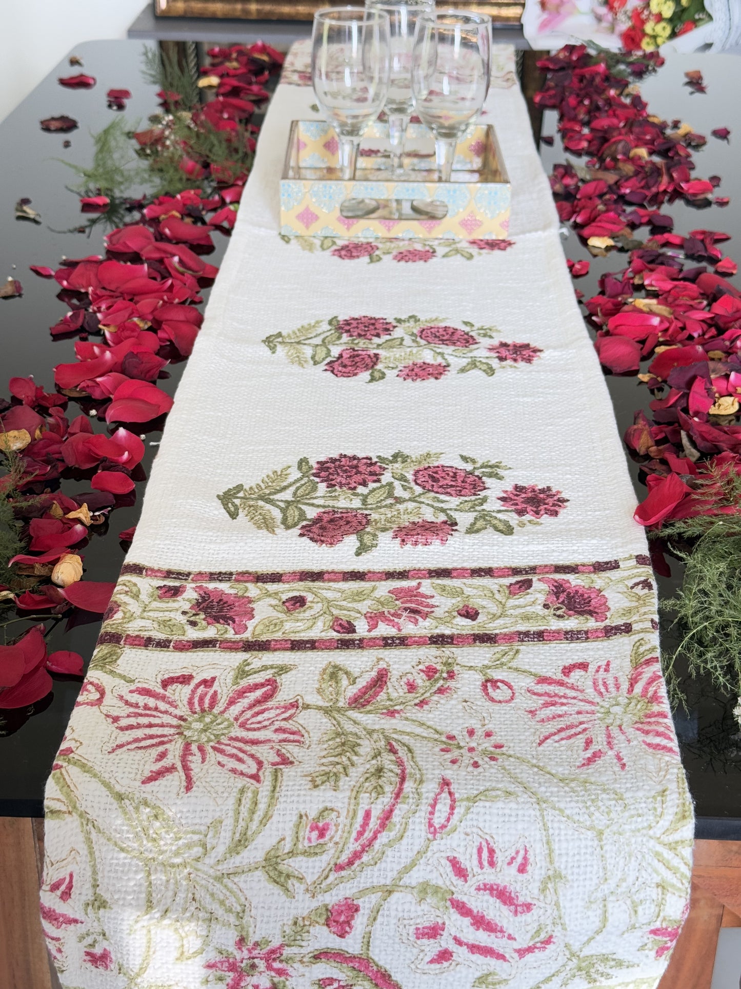 Red Floral Handblock Premium Jute Table Runner