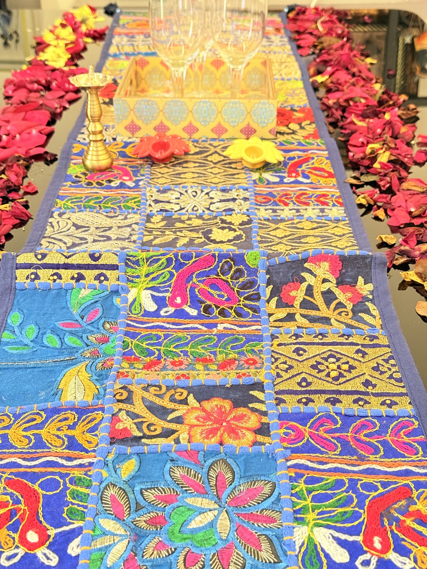 Dark Blue Kambadiya Patchwork Table Runner