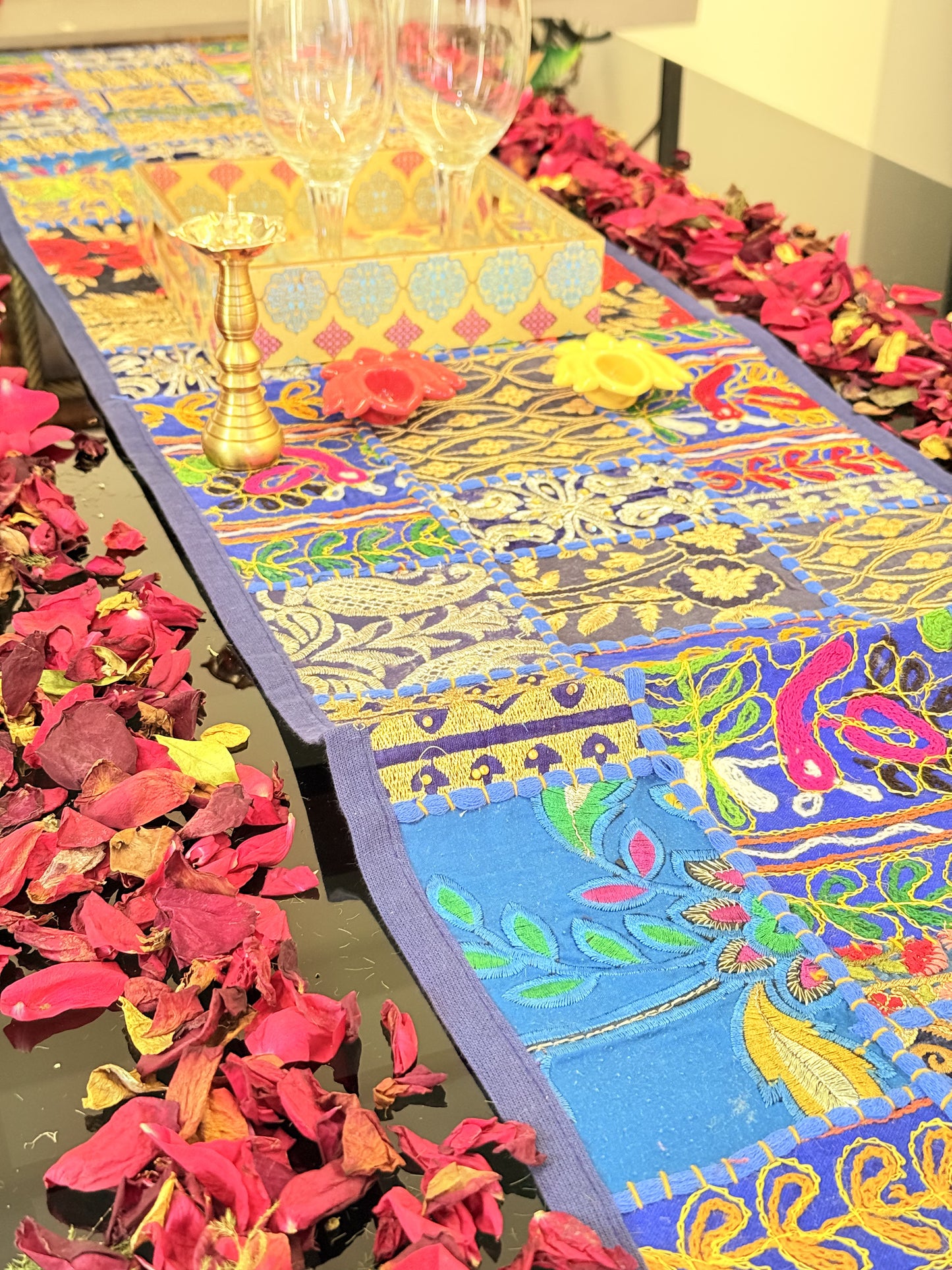 Dark Blue Kambadiya Patchwork Table Runner