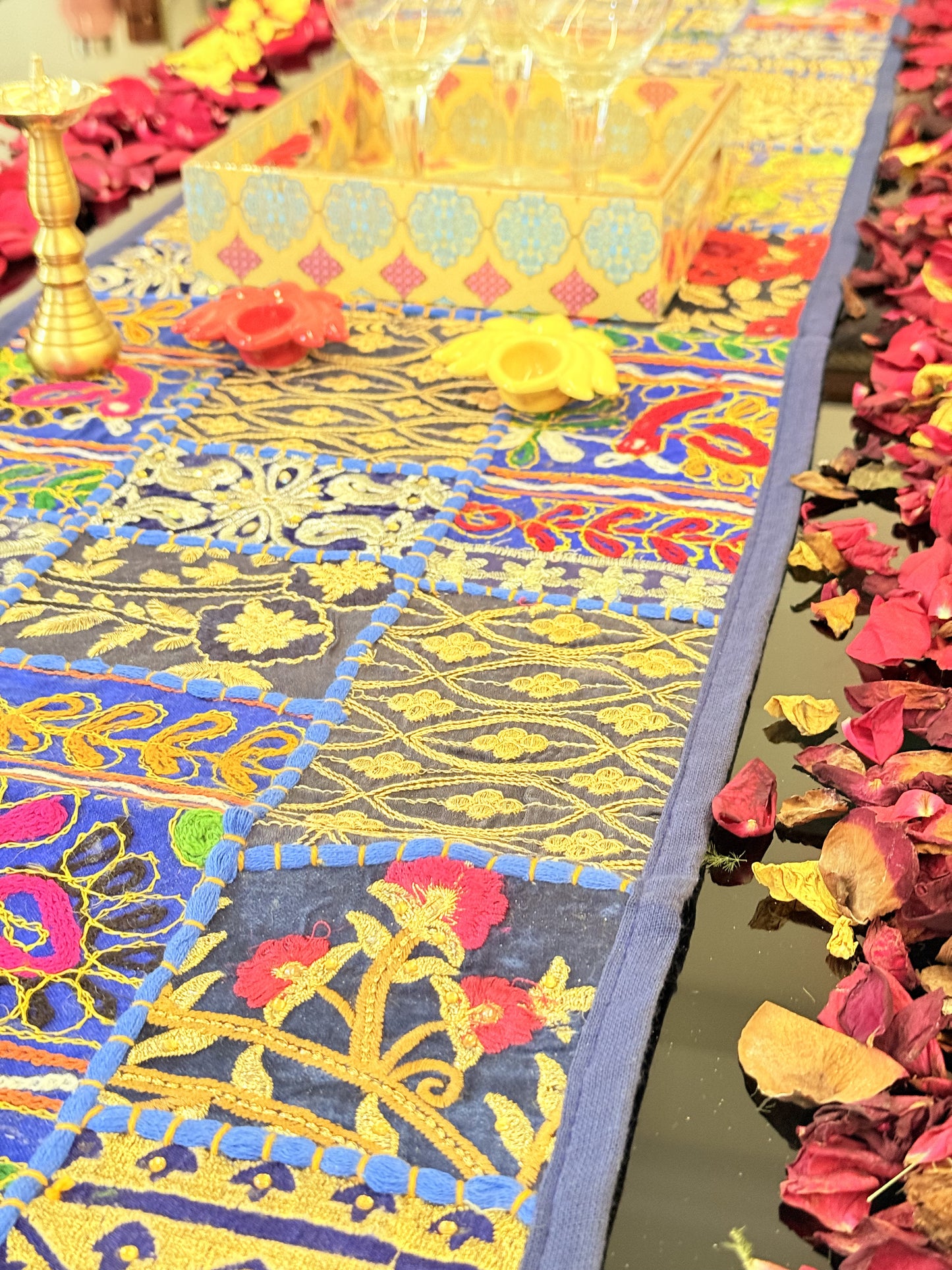 Dark Blue Kambadiya Patchwork Table Runner