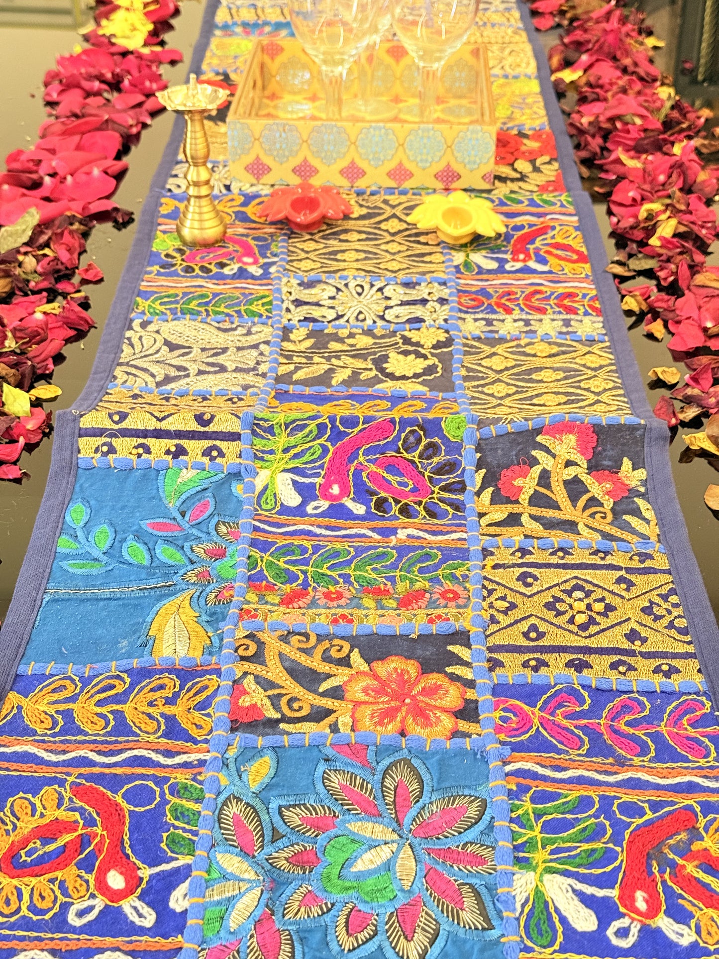 Dark Blue Kambadiya Patchwork Table Runner