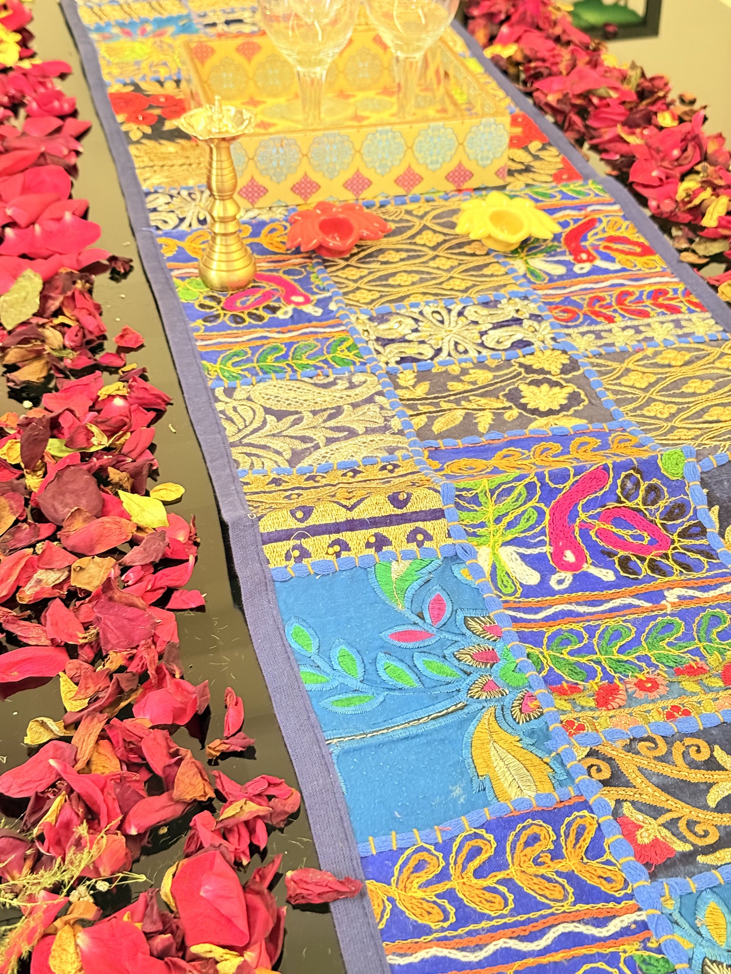 Dark Blue Kambadiya Patchwork Table Runner