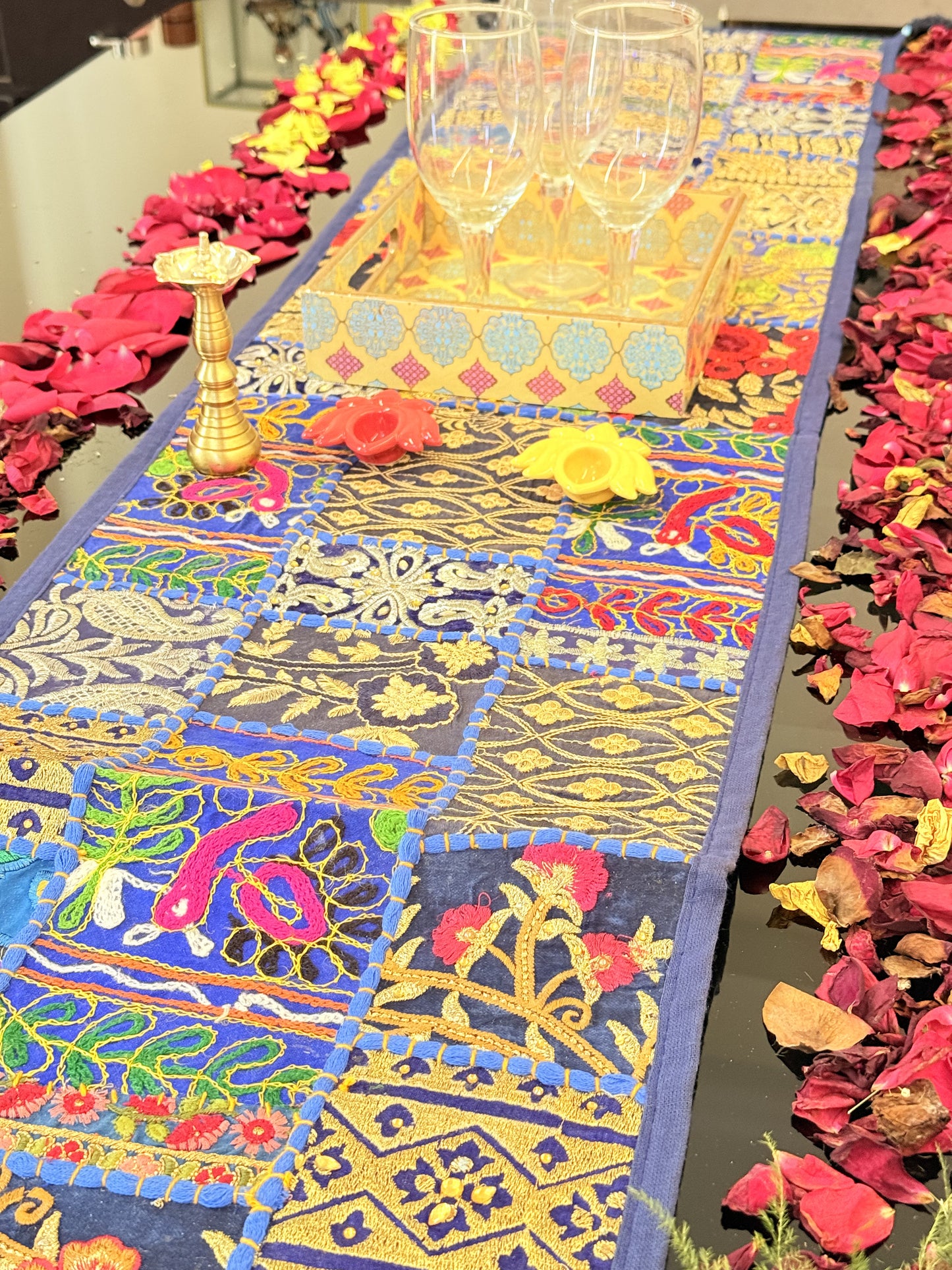 Dark Blue Kambadiya Patchwork Table Runner