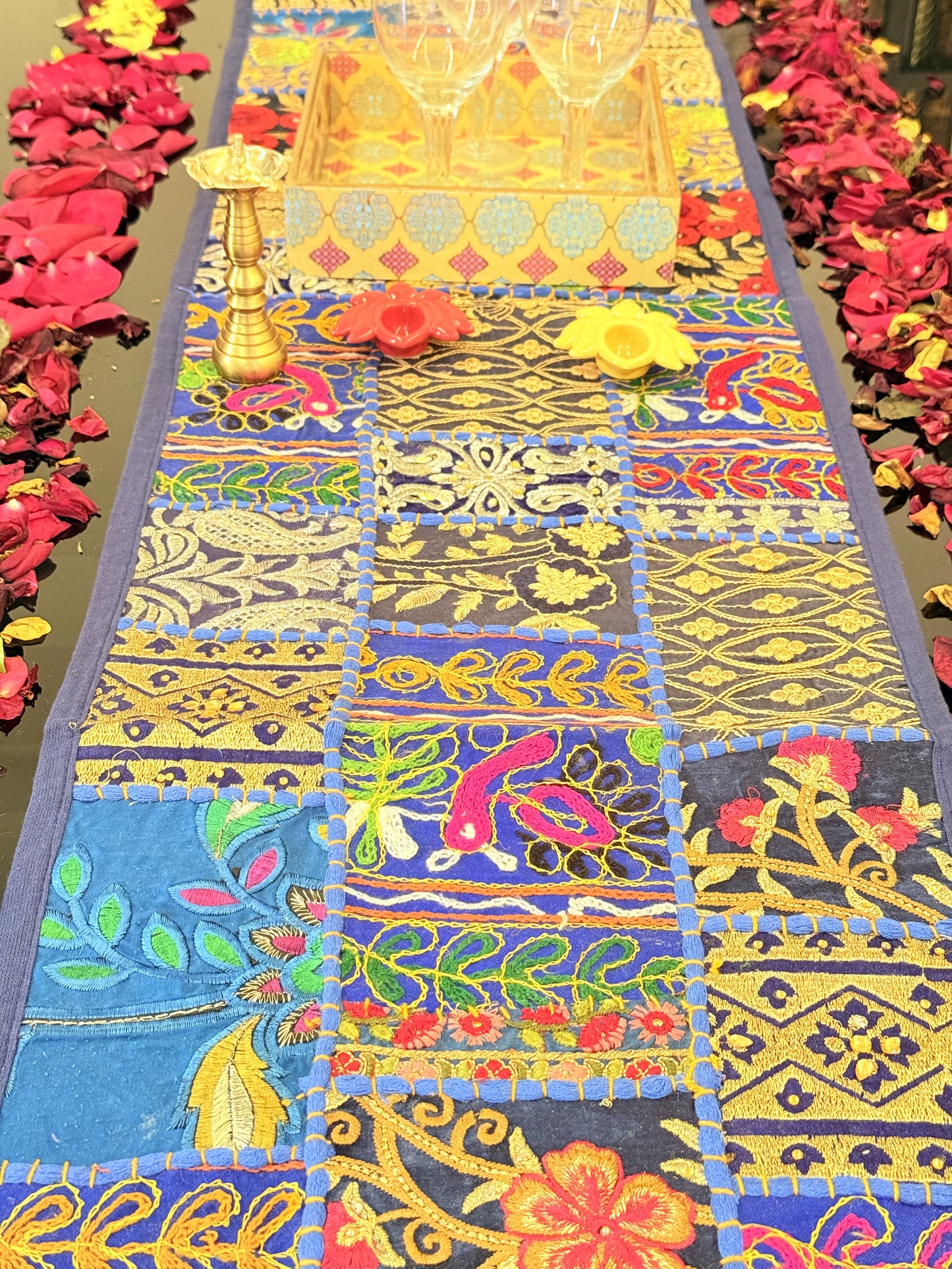 Dark Blue Kambadiya Patchwork Table Runner