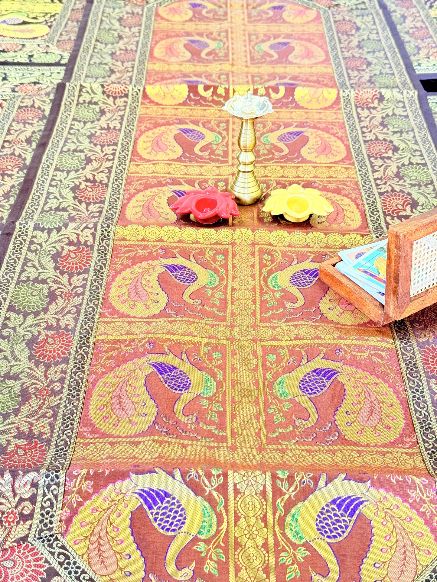 Banarasi Silk Decorative and Festive Dining Table Runner Set with 6 coasters and 6 Placemats