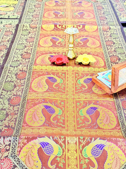 Banarasi Silk Decorative and Festive Dining Table Runner Set with 6 coasters and 6 Placemats