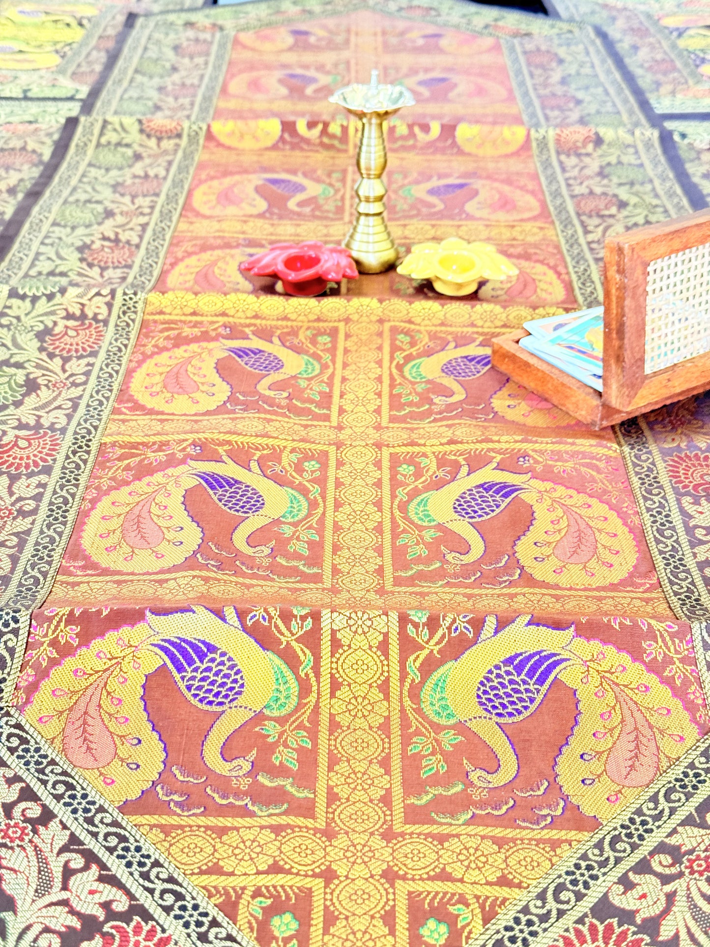 Banarasi Silk Decorative and Festive Dining Table Runner Set with 6 coasters and 6 Placemats