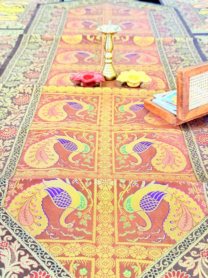 Banarasi Silk Decorative and Festive Dining Table Runner Set with 6 coasters and 6 Placemats